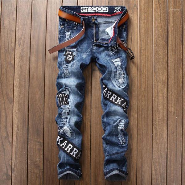 

2020 men jeans ripped biker hole denim patch harem straight punk rock slim fit classic hip hop blue jeans for men pants1