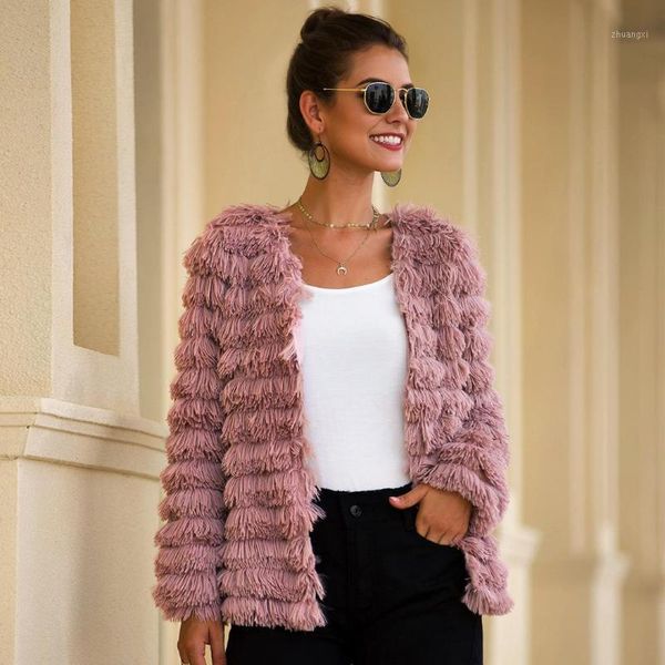 

2019 winter faux fur coat women pink furry fur jacket elegant loose outwear pink cardigan streetwear outerwear1, Black