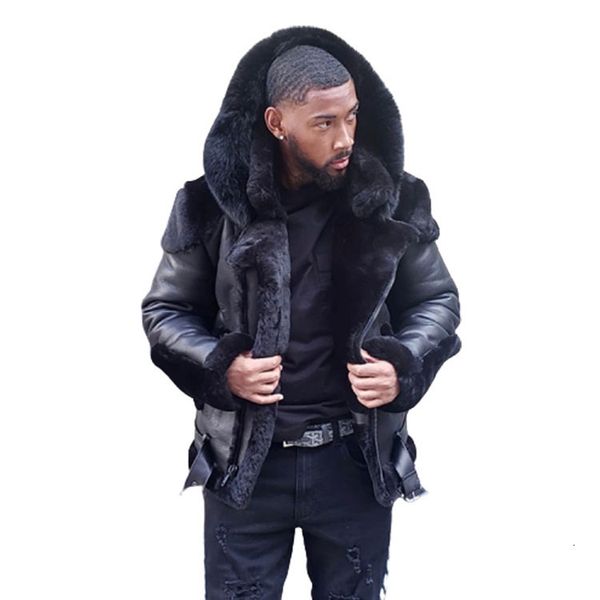 

wepbel outer wear thick short coat winter men's large fur collar hooded casual leather jacket zipper