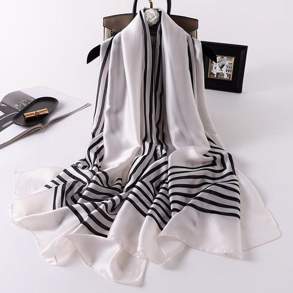 

scarves 2021 silk scarf for women print neck stripe fashion hijab beach stole foulard female bandana, Blue;gray