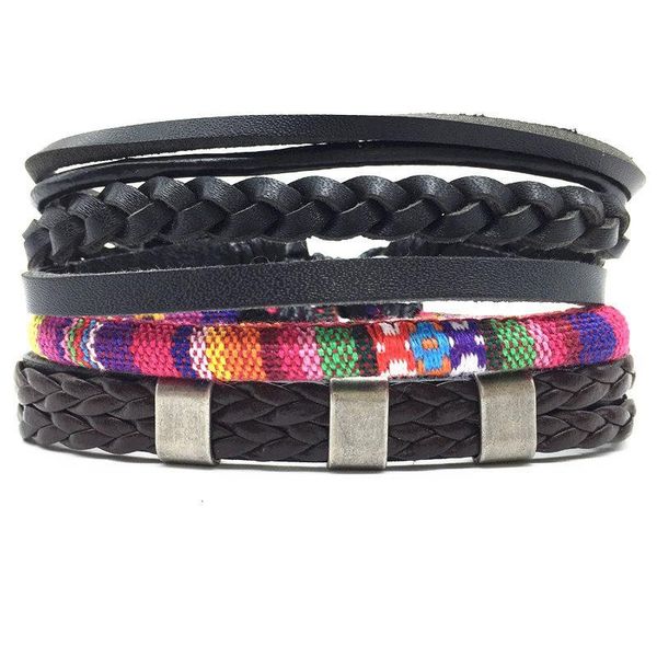 

brown wood bead ethnic braided 4pc/set punk handmade men leather bracelets women vintage bangle male homme jewelry acc jllcdz, Golden;silver