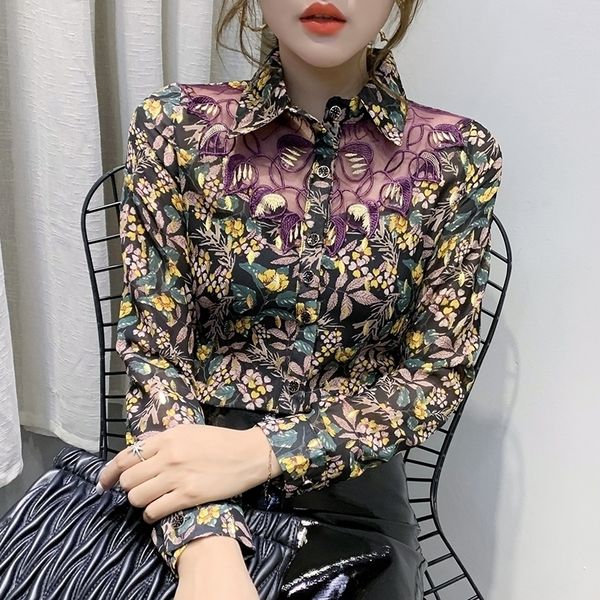 

spring summer korean clothes print blouse womon patchwork embroidery chiffon shirt button women long sleeve t02501 y200828, White
