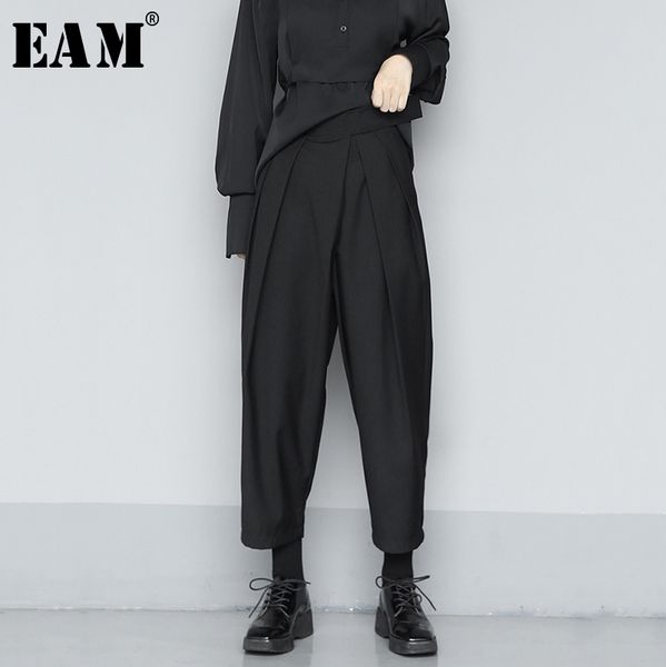 

eam] high waist black split joint pleated long wide leg trousers new loose fit pants women fashion spring summer 2020 1u360 1017, Black;white
