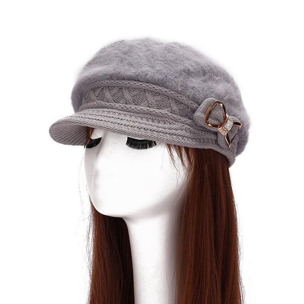 

berets [aetrends] women's beret fur thicken knitted beanies with fleece inside and bow-knot decoration winter hats z-3864, Blue;gray