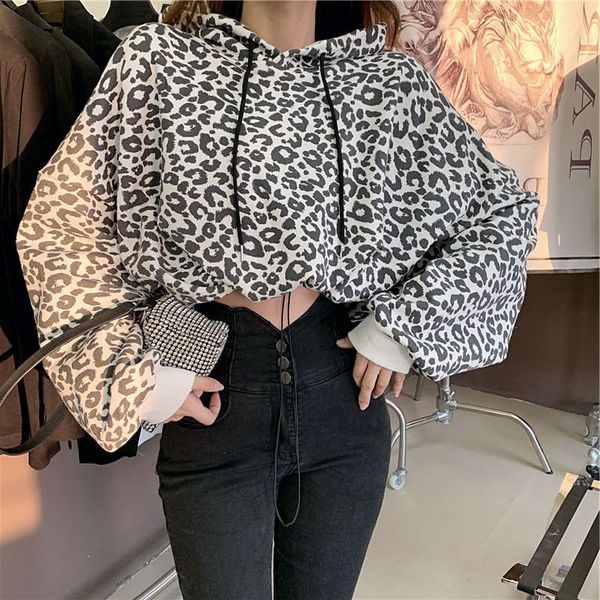 

thickened plush sweater women's new fall / winter leopard print loose hooded coat, Black