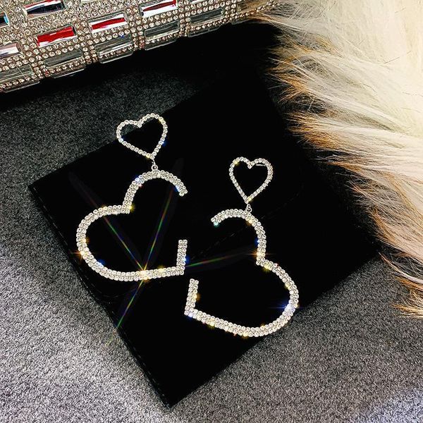 

elegant exaggerated heart-shaped hanging dangle prevent allergy women's earrings 2020 new trend rhinestone fashion stud earrings1, Silver