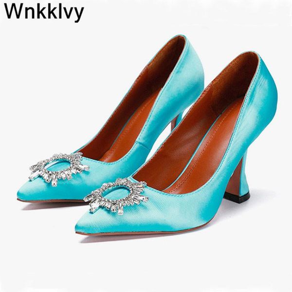 

crystal flowers decor cup high heels pumps ladies spring summer pointed toe rhinestone buckle dress satin silk shoes women, Black
