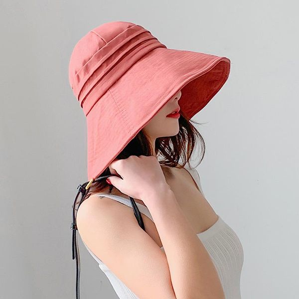 

wide brim hats h7622 women fisherman hat girl summer sunscreen bucket cap female large leisure outdoor sunshade pure color breathable caps, Blue;gray