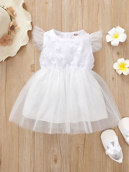 

baby butterfly applique ruffle cuff mesh dress she, Red;yellow