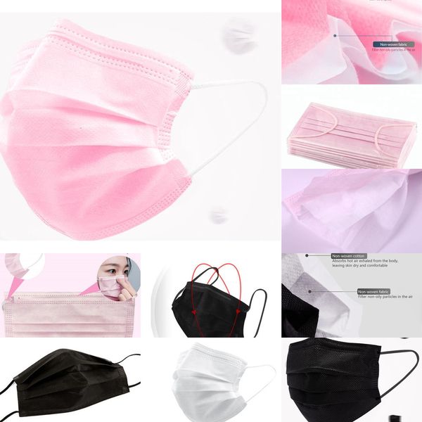 

stock face masks in pink black disposable 50factory 3 layer breathable non-woven elastic earloop mou k2ii