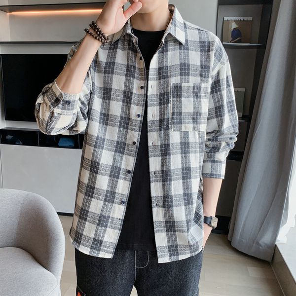 

2021 brand spring autumn long sleeves new flannel collar korea style shirt for men's plaid harajuku clothing u7cc, White;black