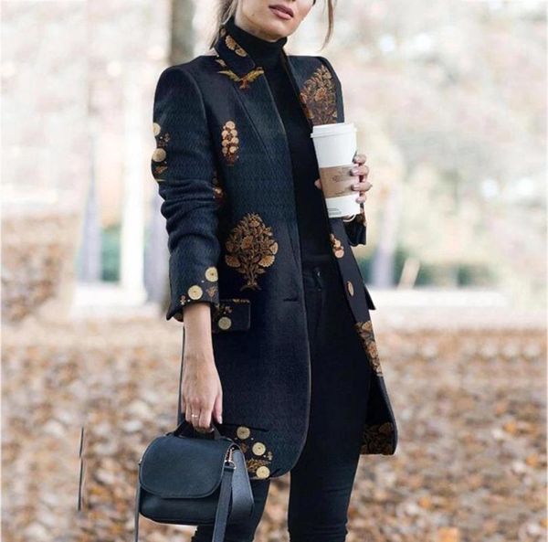 

winter women long blazer print stand collar button long sleeve outwear fashion new 2020 work office marynarka damska, White;black