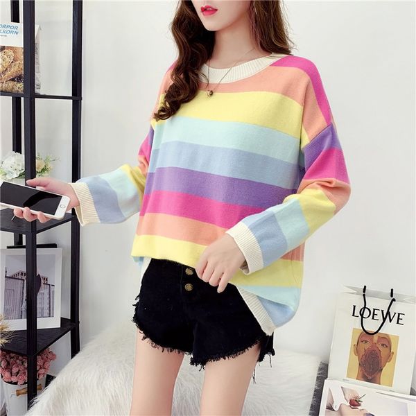 

2020 autumn women rainbow sweater striped o neck long sleeve knitted pullover casual loose sweater women clothes korean fashion, White;black