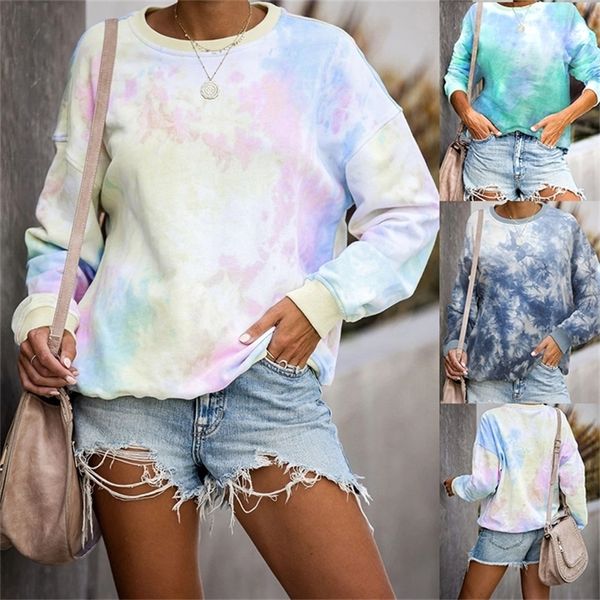 

autumn womens hoodies multicolor long sleeve pastel sweatshirt female loose tie dye printed hoodie pullover oversize 201212, Black