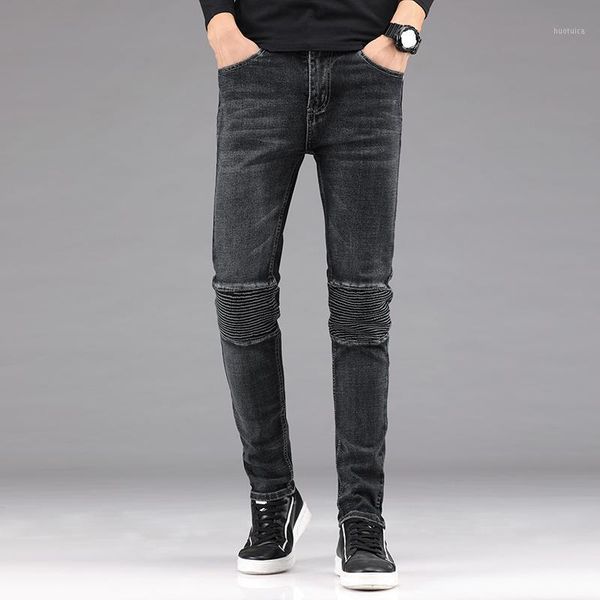 

men's summer jeans men's casual slim denim trousers solid color cotton jeans vintage high street draped denim pants1, Blue