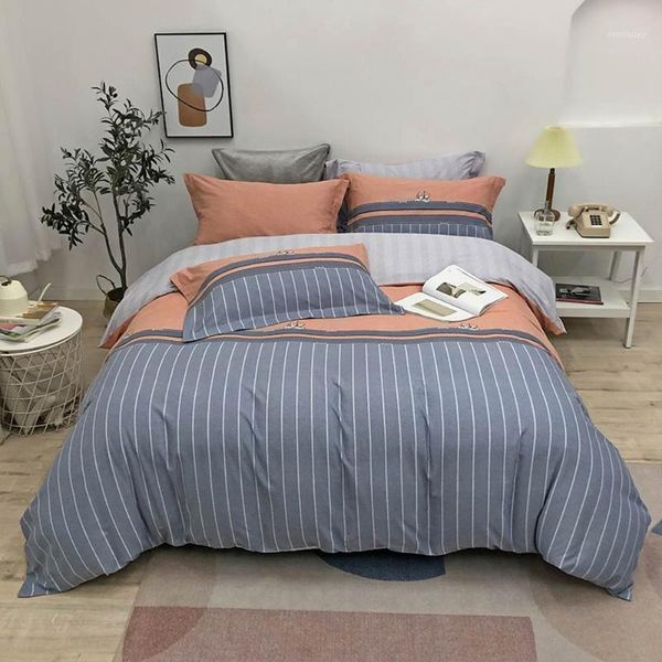 

bedding sets papa&mima nordic grey stripes lines sanding cotton set printed thick linens fitted sheet pillowcase duvet cover1