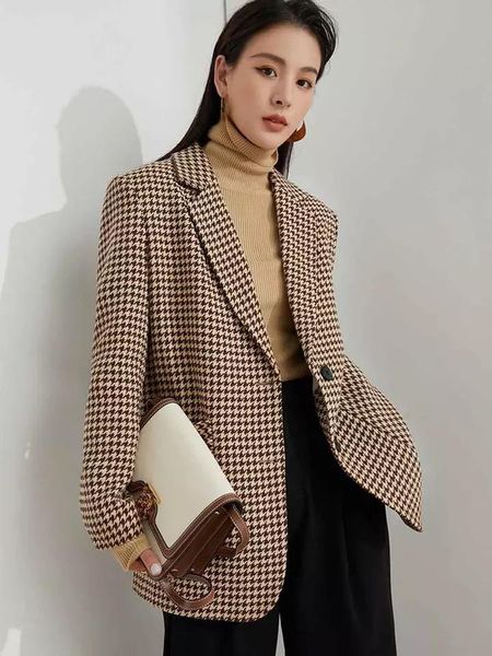 

retro houndstooth woolen small suit jacket 2021 spring new temperament korean thick woolen cloth ladies, White;black