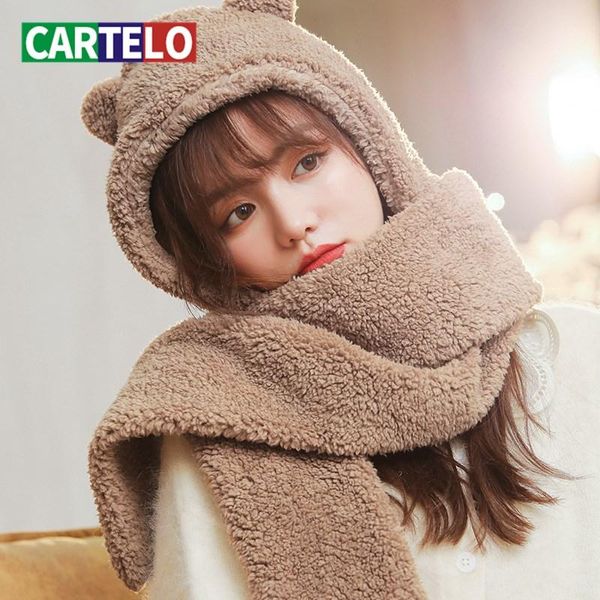 

cartelo winter outdoor scarf hat all-in-one female windproof and warm ear protection plush scarf cute cartoon wild hat, Blue;gray
