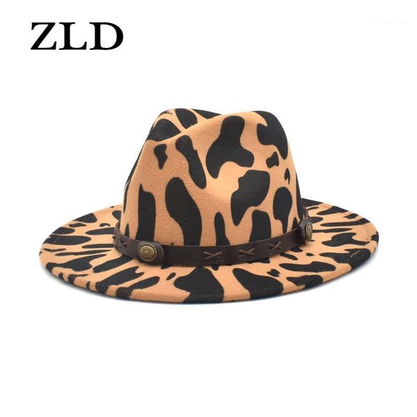 

zld autumn winter ladies new cow pattern fedoras hat felt cap fashion vintage women jazz cap casual men caps classic cowboy hat1, Blue;gray
