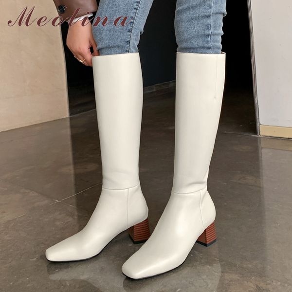 

boots meotina women knee high shoes genuine leather heel long square toe chunky heels zip lady autumn winter, Black