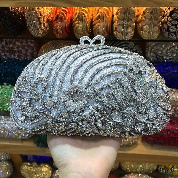 

luxury silver crystal clutch party purse fashion diamond floral messenger handbags fashion mini evening clutches bags clutch