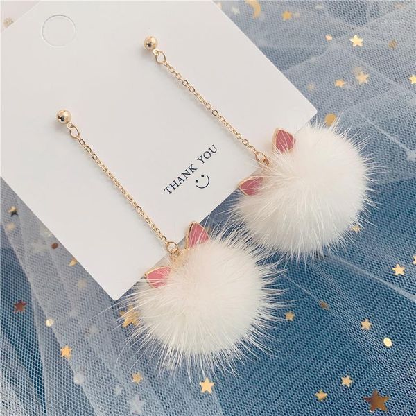

2020 fur ball long cat ear drop earrings for women soft pom pom ear dangle jewelry winter gift trinket brincos1, Silver