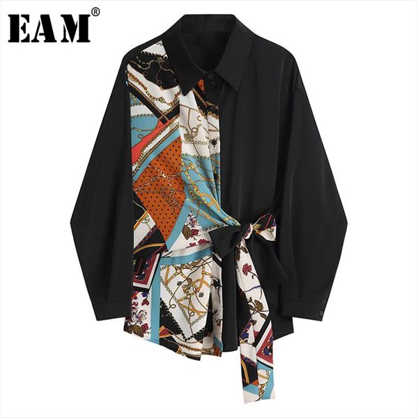 

eam] women black pattern printed bandage big size blouse new lapel long sleeve loose fit shirt fashion spring summer 2021 1y892, White