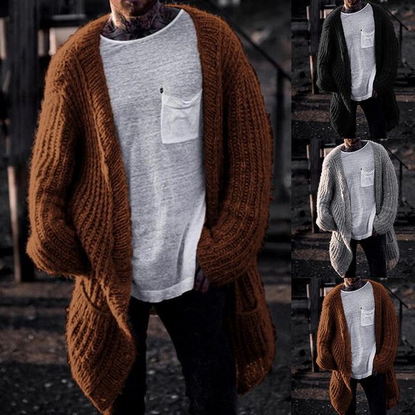 

men winter long cardigan casual loose sweater solid color warm long sleeve sweater men slim fit homme knitwear male c1024, Black