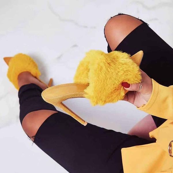 

european station sandals candy color luxury rabbit fur high heel sandals slippers femme evening party women shoes 35-43 y200405, Black