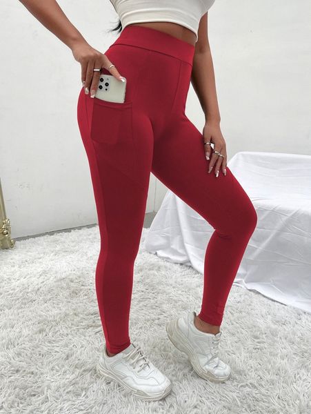 

solid leggings with phone pocket s7b1#, Black