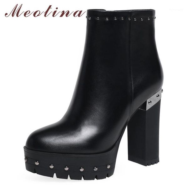

boots meotina winter ankle women natural genuine leather zip platform block heel short rivets super high shoes autumn1, Black