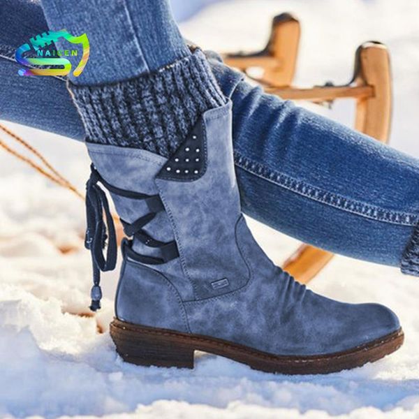 

naicen suede boots women autumn winter lace up ladies shoes women snow boots outdoor knitting patchwork female botas de mujer, Black