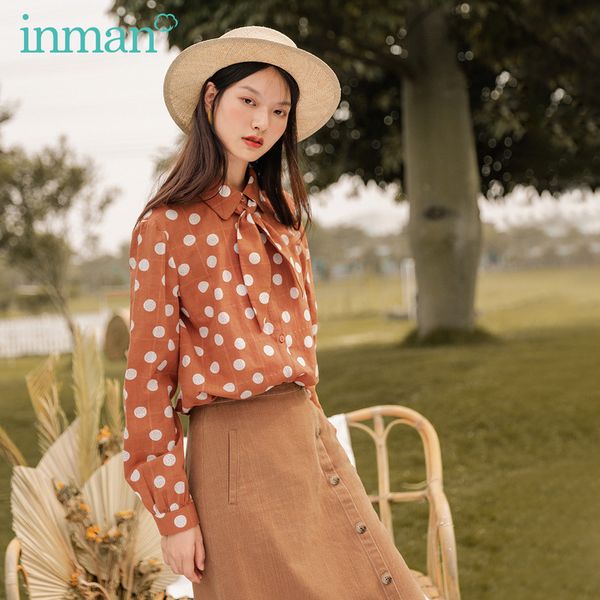 

inman autumn new arrival fashion wave dot french style with bow tie loose long sleeve printed comfortable cotton blouse 201126, White