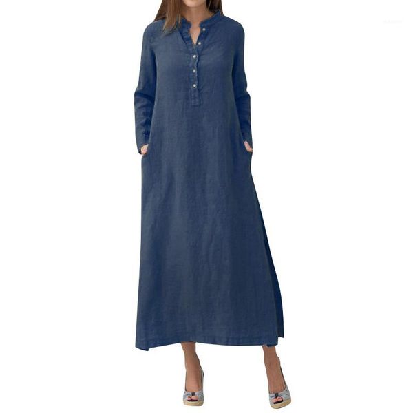 

women vintage maxi dresses casual cotton linen long dress women long sleeves side pockets slit robe femme ete 2018 lady dresses1, Black;gray