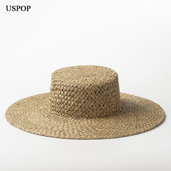 

wide brim hats hand-woven flat straw hat seaweed outdoor travel sunscreen beach sunshade, Blue;gray