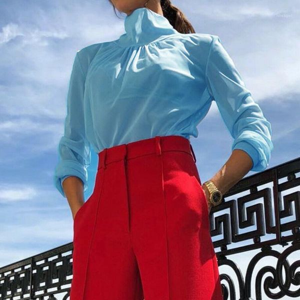 

2019 new women shirt blouse turtle neck long sleeve blue shirt sheer mesh crop female blouse korea1, White