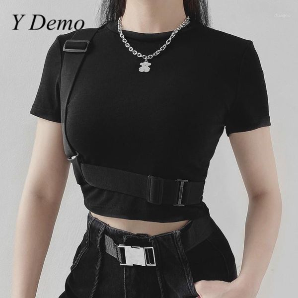 

y demo techwear casual t-shirt for woman o-neck short sleeve black slim t-shirt female fashion crop 2020 tide1, White