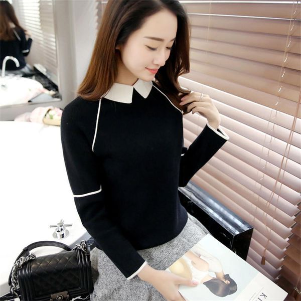 

neploe 2020 new doll collar sweater women contrast color patchwork pullover long sleeve fashion bottoming sweaters jumper 37230 y200722, White;black