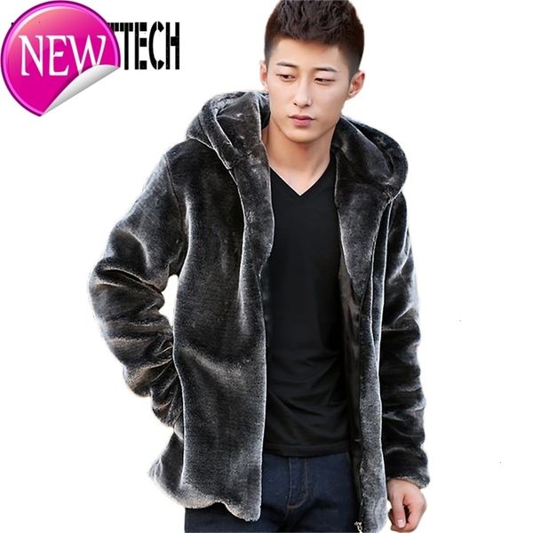 

autumn winter grey mens faux fur mink jacket short hooded plush fluffy coat male plus size 4xl 5xl warm overcoat, Black