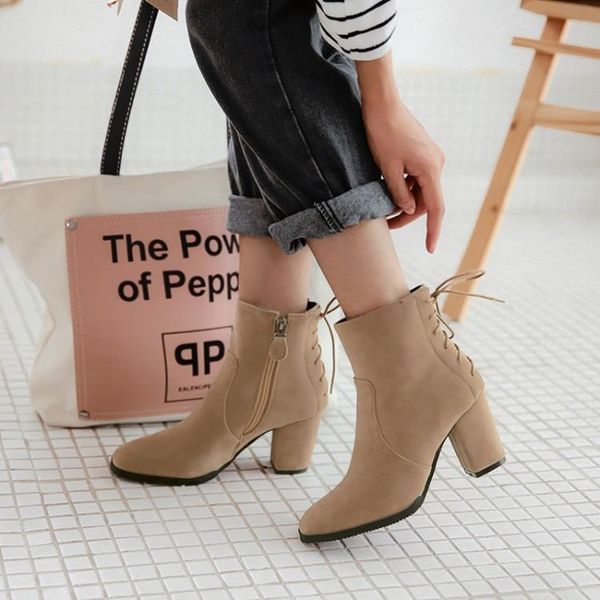 

boots big size european and american trend of high heel side zipper rear lace short, Black