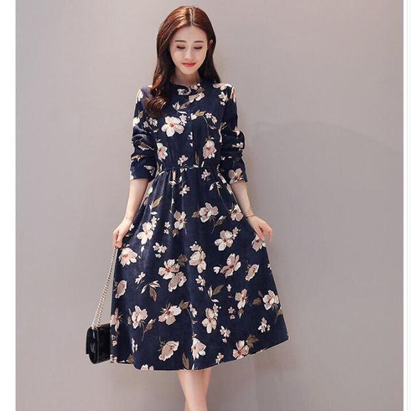 

2021 spring autumn long dresses for women vintage dress women's clothing dressed as a woman corduroy printing vestidos tn1813, Black;gray