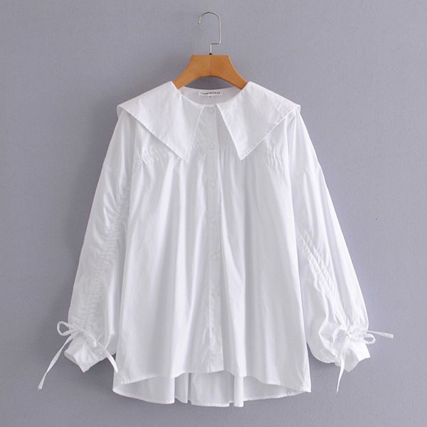 

2021 women spring autumn shirts new arrival long-sleeved white shirt with drawstring tie sailor collar pullover lady outerwear 7rnt