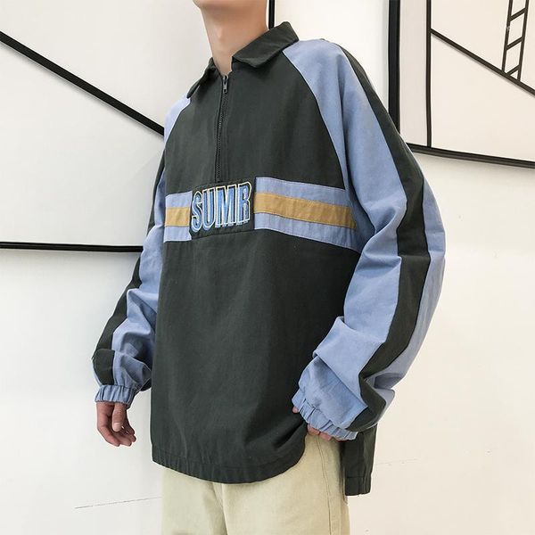 

2019 spring men's spelling color pullover streetwear brand bomber jacket loose lapel collar coats green/yellow windbreaker m-xl11, Black;brown