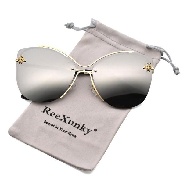 

sunglasses 2021 classic bee cat eye women metal design oversized silver mirrored sun glasses shades sunglass uv400 eyewear, White;black