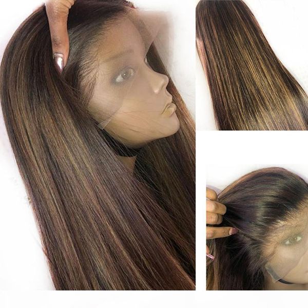 

13x6 lace front human hair wigs peruvian virgin hair glueless pre plucked with baby hair ombre straight highlights honey blonde color wig, Black