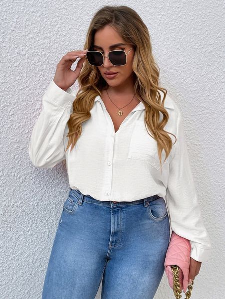 

plus pocket front solid blouse q6cx#, Black