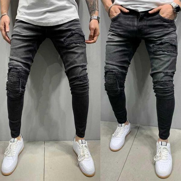

men stretchy ripped skinny biker blue denim jeans destroyed hole taped slim fit denim scratched jean1