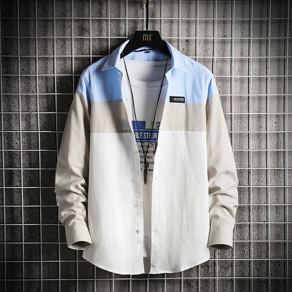 

2020 autumn new business long sleeve casual slim fit large color matching men's shirt, White;black