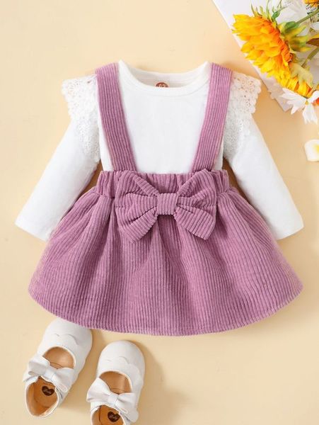 

baby guipure lace ruffle trim bodysuit & bow front pinafore skirt she, White
