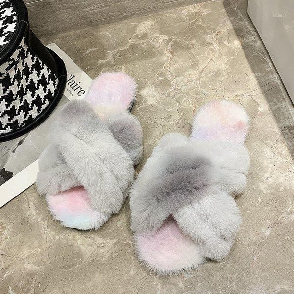 

slippers house women fashion tie dye fur plush bedroom home shoes female soft fluffy cross non slip warm winter slippers1, Black